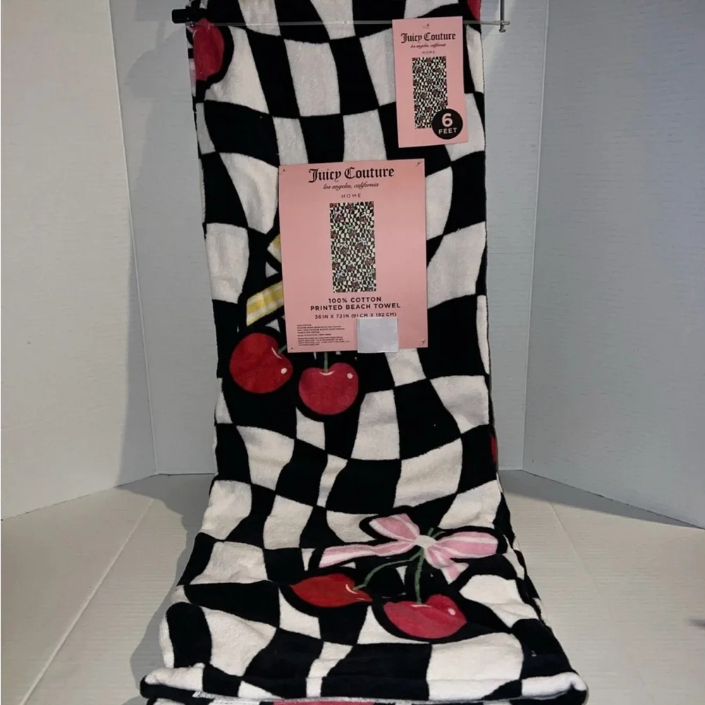 Juicy Couture 36x72 Cotton Beach Pool Towel White Black Checkered Cherry Bow NEW